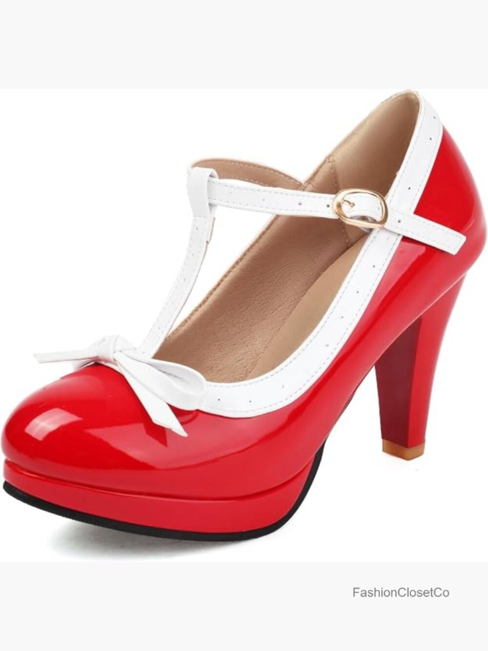 T-Strap High Heels Bow Platform Round Toe Pumps Leather Mary Jane Shoes